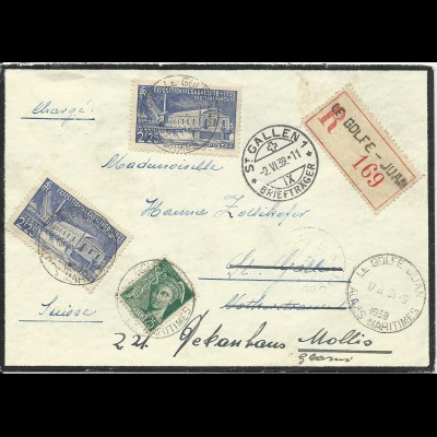 Frankreich 1939, 3 Marken auf Einschreiben Brief v. Le Golfe Juan i.d. Schweiz