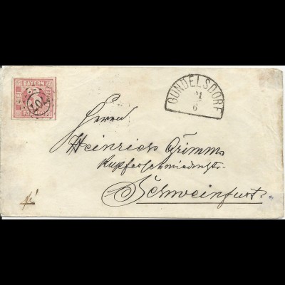 Bayern, oMR 707 Gundelsdorf auf Brief m. breitrandiger 3 Kr. n. Schweinfurt