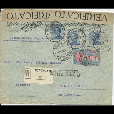 Italien 1917, Zensur Einschreiben Express Brief v. Genova No.9 i.d. Schweiz