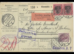 DR 1916, Paketkarte v. Chemnitz m. Österreich Durchfuhrbewilligung i.d. Türkei.