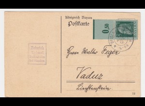 Bayern 1912, 5 Pf. m. Oberrand auf Kte. v Deissenhofen n. Liechtenstein. 