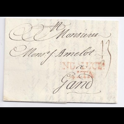Spanien Belgien 1768, Andalucia Alta in rot auf kpl. Porto Brief nach Gent. #378