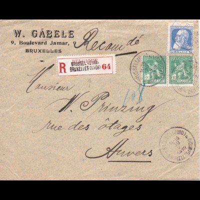 Belgien 1912, Einschreiben Firmen Brief m. 3 Marken. #783
