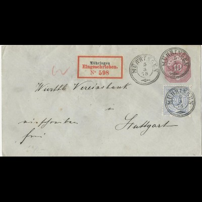 Württemberg 1878, 20 Pf. auf 10 Pf. Ganzsache Brief per Einschreiben v Mühringen