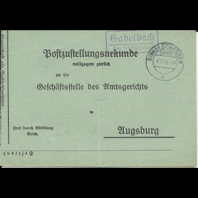DR 1936, Landpost Stpl. Gabelbach ü. Dinkelscherben auf Zustellungsurkunde