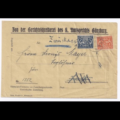 Bayern 1919, 20+30 Pf. Dienst, "Zurück"- Brief v. Günzburg. #324