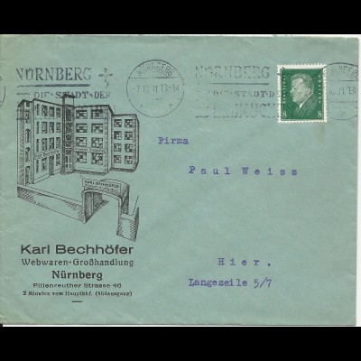 DR 1931, 8 Pf. auf illustriertem Firmen Reklame Brief v. Nürnberg.
