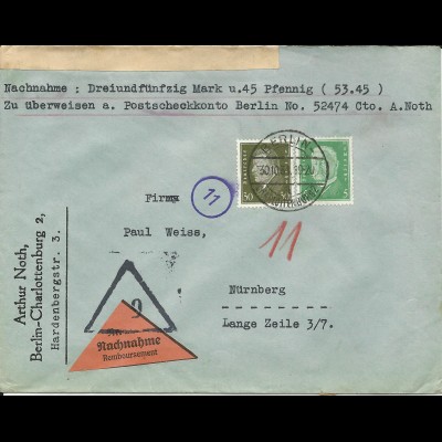 DR 1931, 5+30 Pf. auf Nachnahme Brief v. Berlin Charlottenburg n. Nürnberg.
