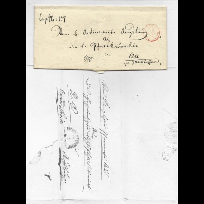 Bayern 1849, rot K2 Augsburg auf 2x verwendetem Brief von/nach Au b. Illertissen