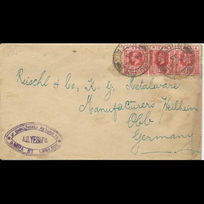 Nigeria 1935, K2 Ijebu Ode auf Brief m. 3x1d n. Deutschland. "return to..."