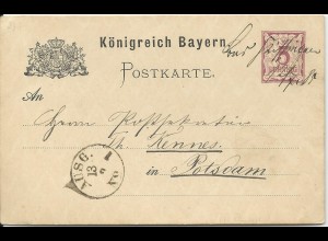 Bayern 1885, handschriftl. Entwertung "Bad Kissingen" auf Ganzsache n. Potsdam