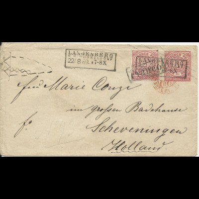 NDP 1869, R2 LANGENBERG R.B. DÜSSELDORF auf Gansache Brief m. 1 Gr. Zusatzfr.