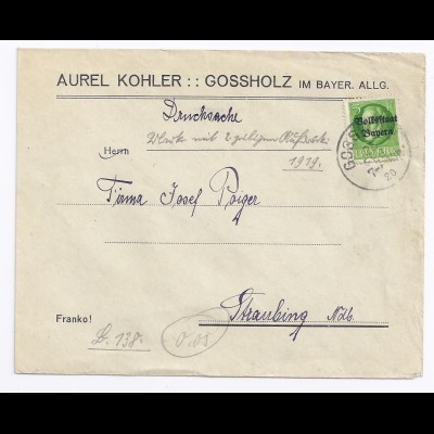 Bayern 1920, Grossholz Allgäu,EF 5 Pfg. Volksstaat, Firmen Brief Drucksache.#347