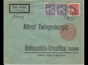 Schweden 1933, Paar 10+15 öre auf Luftpost Brief v. Stockholm n. Berlin