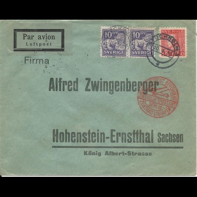 Schweden 1933, Paar 10+15 öre auf Luftpost Brief v. Stockholm n. Berlin