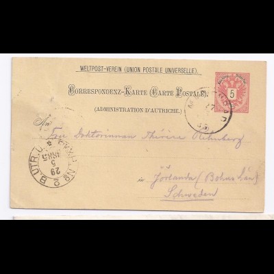 Östereich Schweden 1885, Brief Stpl. Marienbad auf 5 Kr. Ganzsache. #623