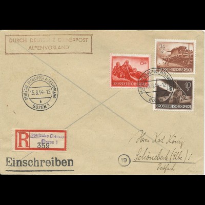 DR 1944, Dt. Dienstpost Alpenvorland, Einschreiben Brief v. Bozen