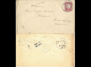 Bayern 1888, L2 Pfersee, Aushilfstpl. rückseitig auf 10 Pf. Ganzsache Brief 
