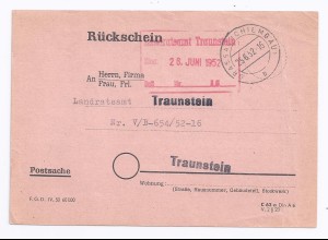 BRD 1952, Grassau, Formlar Rückschein Postsache n. Traunstein. #1399