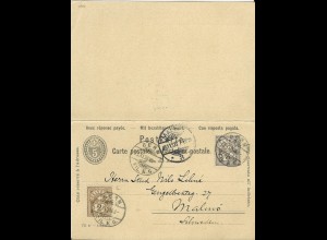 Schweiz 1898, 2+3 C. Zusatzfr. auf 5 C. Doppel Ganzsache v. Bern n. Schweden. 