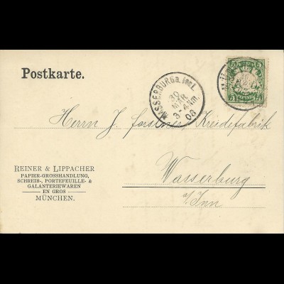 Bayern 1908, 5 Pf. m. perfins Firmenlochung auf Karte v. München