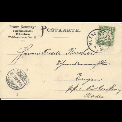 Bayern 1902, 5 Pf. m. perfins Firmenlochung auf Karte v. München