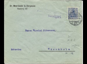 DR 1915, 20 Pf. m. perfins Firmenlochung auf Zensur Brief v. Hamburg n. Schweden