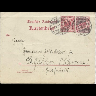 DR 1900, 10 Pf. Zusatzfr. auf 10 Pf. Karten Brief v. Gaarde i.d. Schweiz