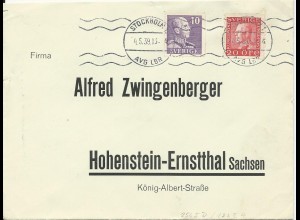Schweden 1939, 3seitig gez.10 öre + 20 ö. auf Brief v. Stockholm n. Deutschland.