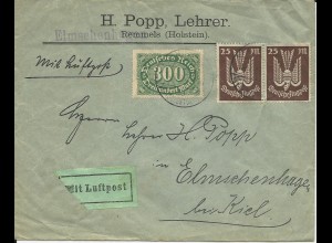 DR 1923, 3 Werte auf Luftpost Brief n. Kiel m. München Turnfest-Stpl.