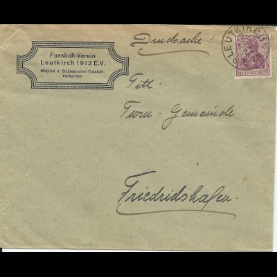 DR 1922, 50 Pf. auf Vordruck Brief "Fussball-Verein Leutkirch"