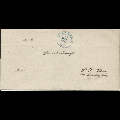 Württemberg 1850, blauer K2 Bietigheim auf Brief n Brackenheim. Vorphila selten!