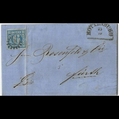 Bayern 1864, breitrandige 6 Kr. auf Brief m. MR 446 Rottenburg