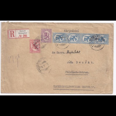 Finnland Tschechoslowakei 1919, Einschreiben Brief v. Helsinki m. 6 Marken #1000