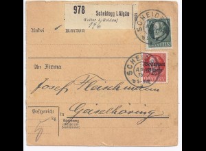Bayern 1915, Scheidegg, 15+60 Pf. auf Paketkarte m. Selbstbucher-Zettel. #1089