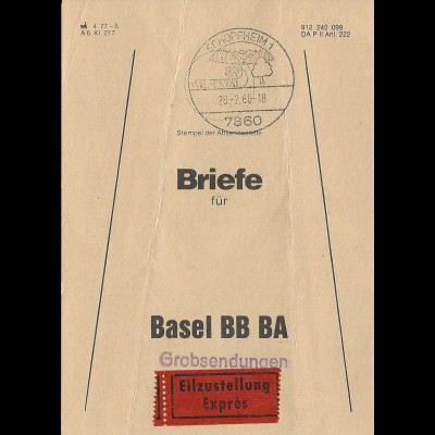 BRD 1986, Brief Bund Fahne f. Eilboten Grobsendungen v. Schopfheim i.d. Schweiz 