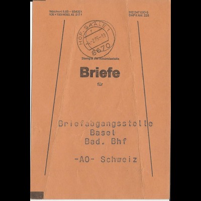 Hof Saale 1986, Brief Bund Fahne f. BA Basel Bad. Bahnhof. 