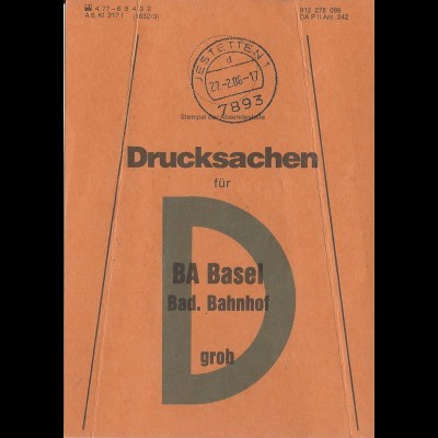 Jestetten 1, Brief Bund Fahne Drucksachen f. BA Basel Bad. Bahnhof. 