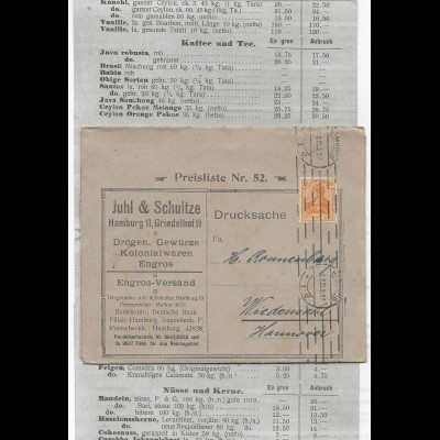 DR 1921, 10 Pf. auf Reklame Klappkarte m. mehrseitger Preisliste v. Hamburg 