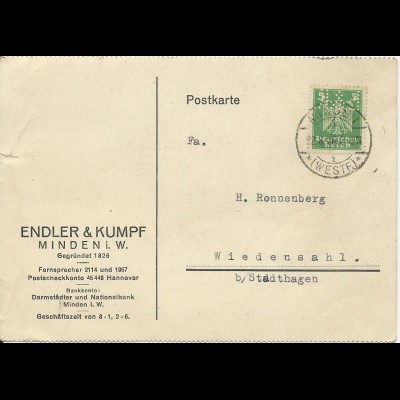 DR 1926, 5 Pf. m. perfins Firmenlochung auf Karte v. Minden