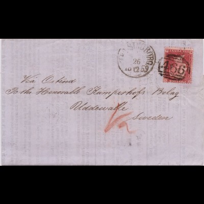 GB Sweden 1859, 1 P. auf Falt Drucksache Brief v. Liverpool via Hamburg. #40