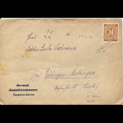 SBZ 1946, L2 Notstempel "2 Teupitz Kr. Teltow" in violett auf Brief m. 24 Pf.