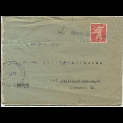 SBZ 1946, L1 Notstempel Teupitz (Kr. Teltow) auf Zensur Brief m. 12 Pf. Bär