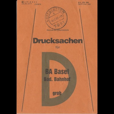 Lottstetten, Brief Bund Fahne Drucksachen f. BA Basel Bad. Bahnhof. 