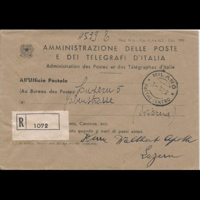 Italien 1952, portofreier Postsache Brief, Einschreiben v. Milano i.d. Schweiz