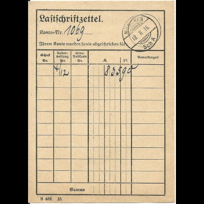 Bayern 1916, Stpl. "München Sch A" auf Postformular Lastschriftzettel
