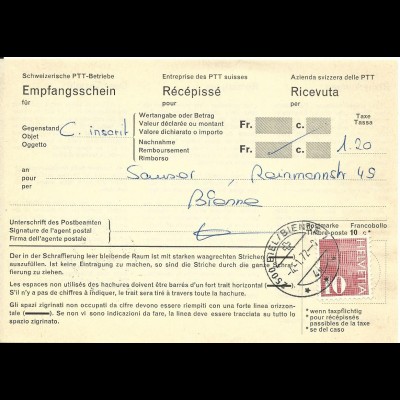 Schweiz 1972, 10 C. auf Postschein Empfangsschein, Recepisse v. Biel Bienne