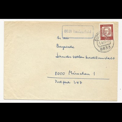 BRD 1963, Landpost Stpl. 8831 Tauberfeld auf Brief m. Stpl. Eichstätt.