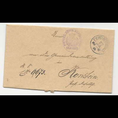 Bayern 1895, K1 Eichstaett (1 Stadt) auf Beziksamt Brief n. Konstein
