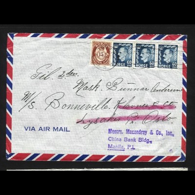 Norwegen Philippinen 1953, Seemanns Nachsende Luftpost Brief v. Horten. #1345